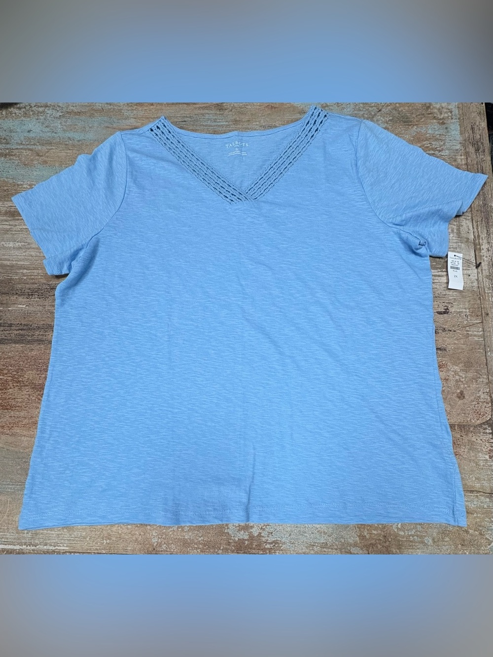 Talbots Sky Blue V-Neck Short Sleeve Top with Crochet Trim